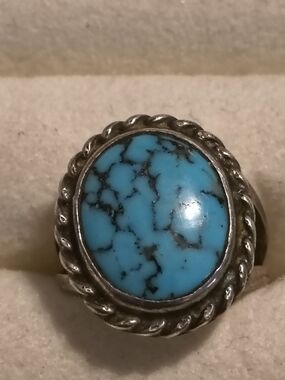 Native American Turquoise Cabochon Rope-Edge Sterling Silver Ring Unsigned Sz 4